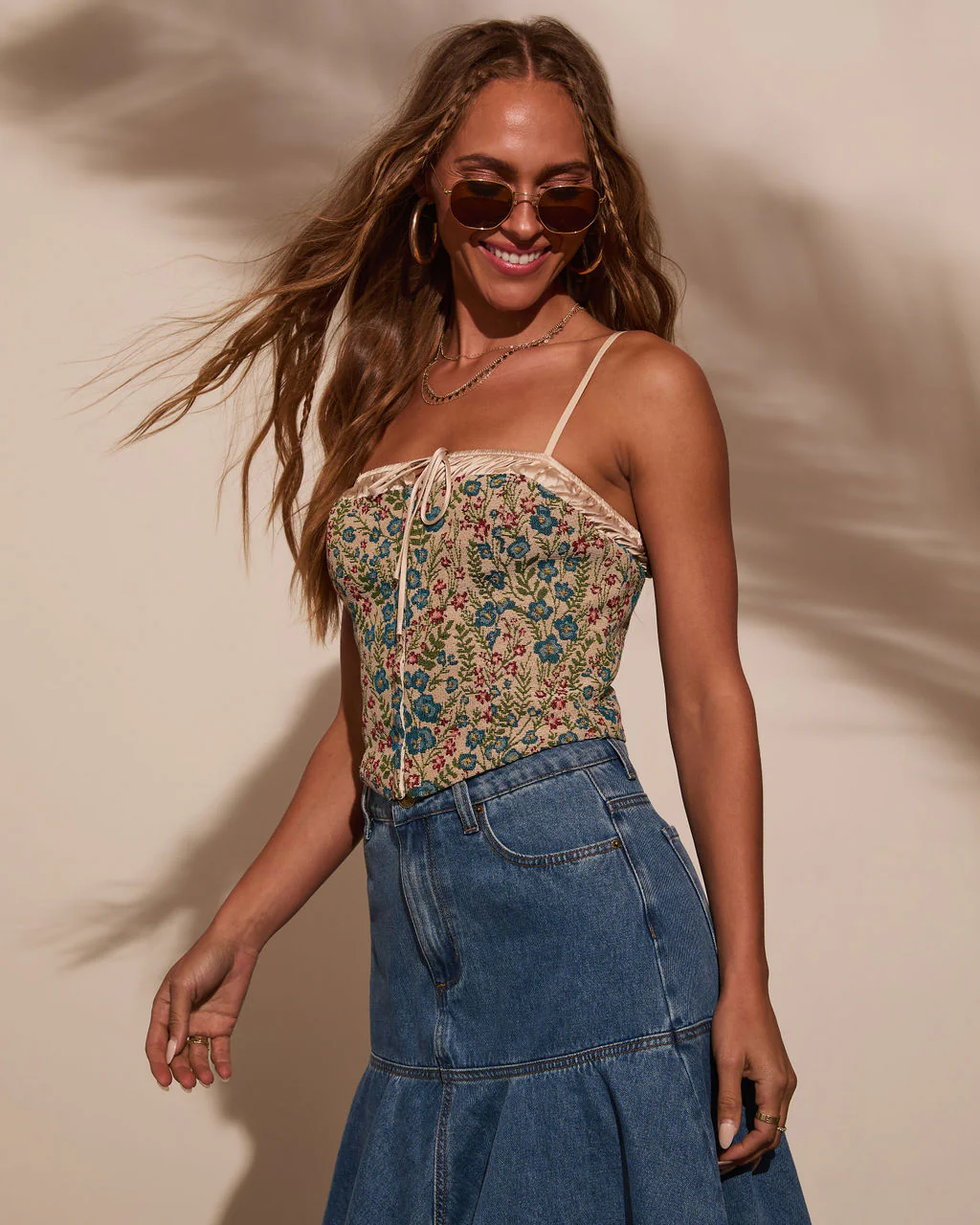 Rema Floral Bustier Metallic Trim Top - Image 3