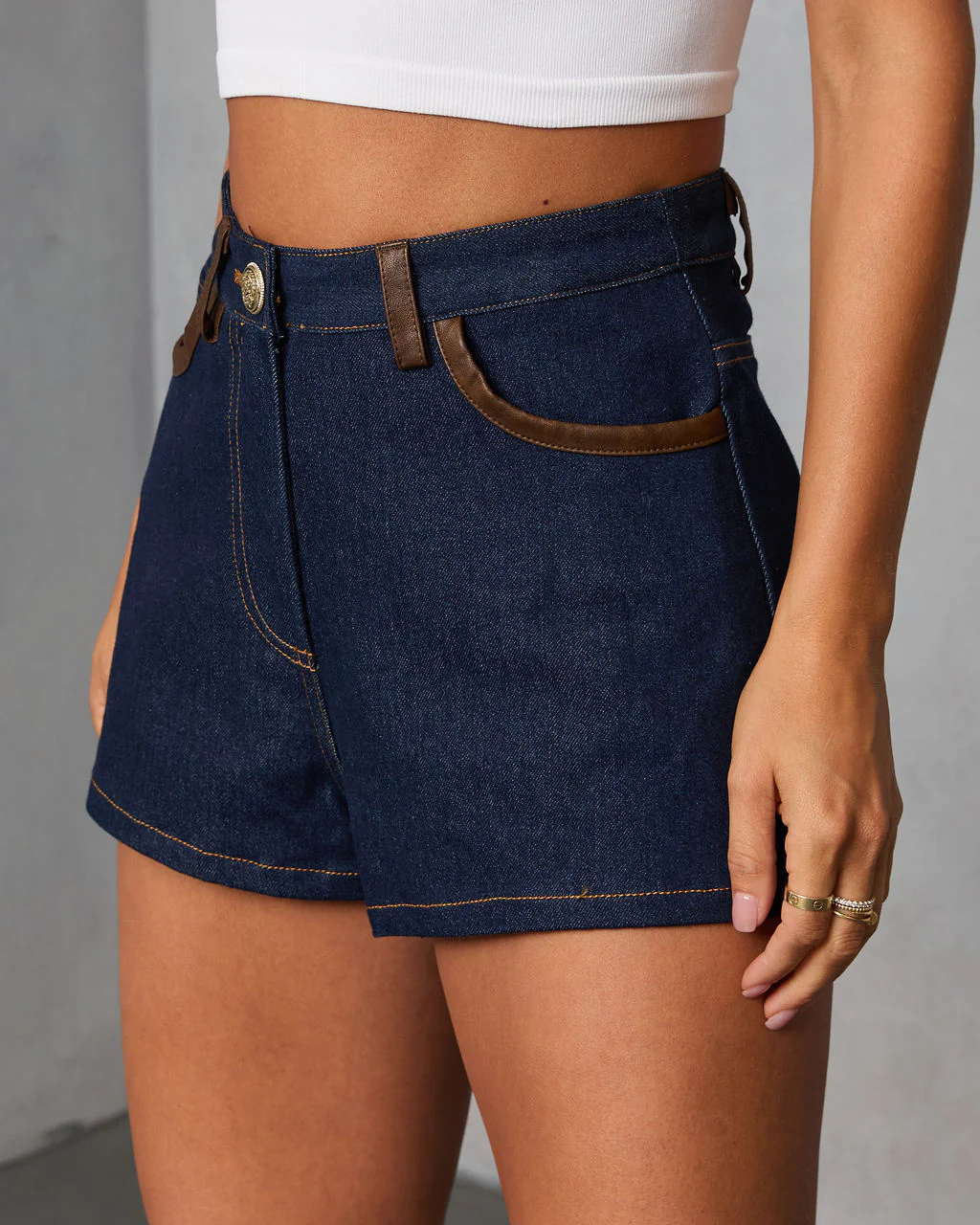 Remon Leather Trim Rigid Denim Shorts - Image 3