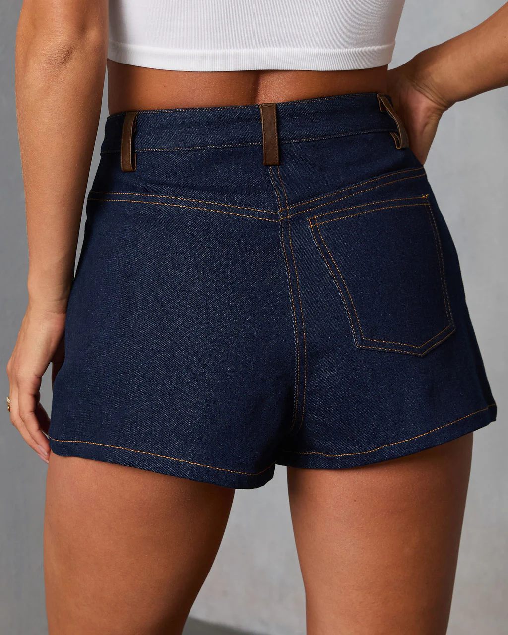 Remon Leather Trim Rigid Denim Shorts - Image 4