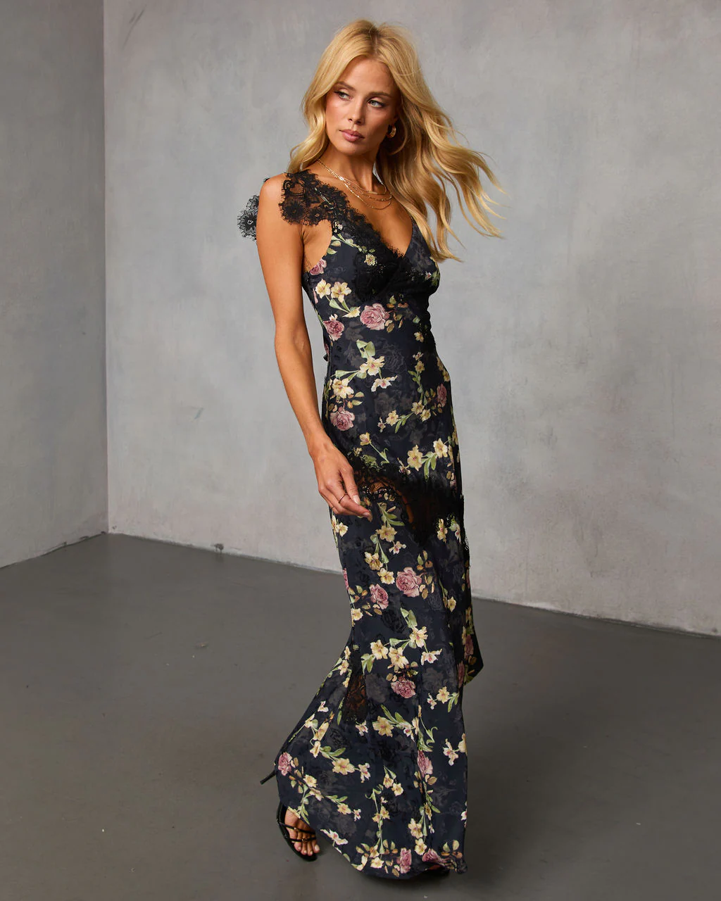 Rominah Printed Asymmetric Lace Trim Maxi Dress - Image 3