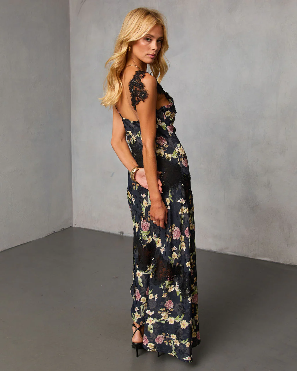 Rominah Printed Asymmetric Lace Trim Maxi Dress - Image 4