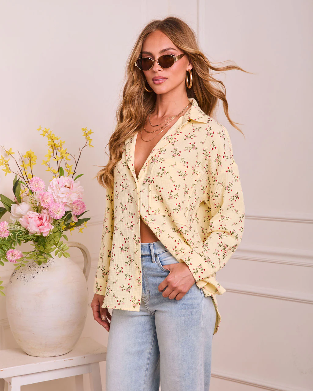 Rosy Dawn Floral Cotton Button Down Top - Image 3