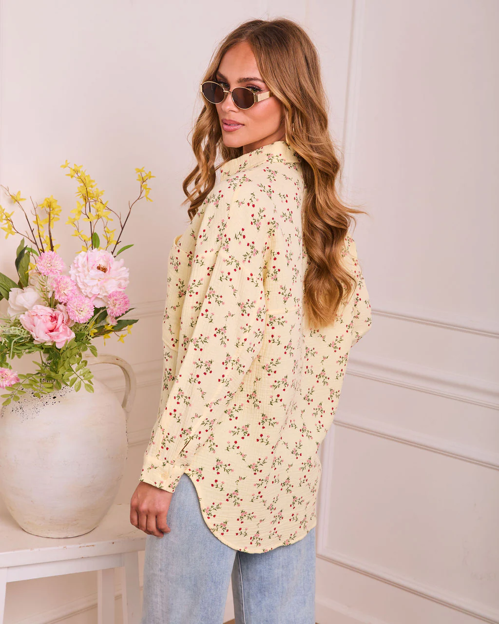 Rosy Dawn Floral Cotton Button Down Top - Image 4