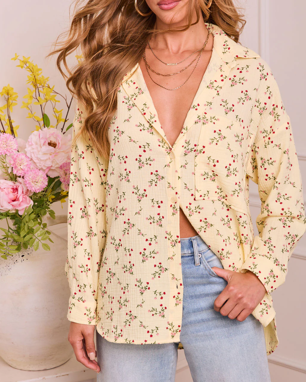 Rosy Dawn Floral Cotton Button Down Top - Image 5