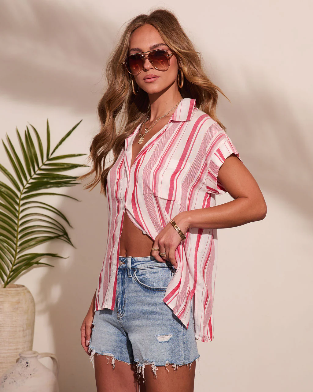 Salted Glow Striped Button Down Short Sleeve Top - Image 3
