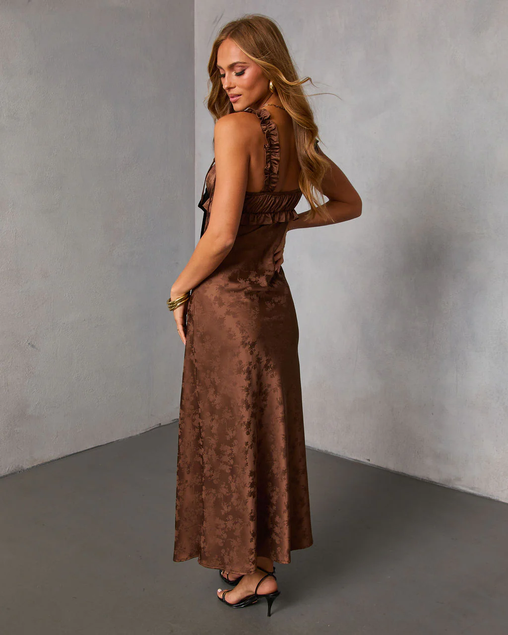 Sepia Kiss Satin Jacquard Bust Tie Maxi Dress - Image 4