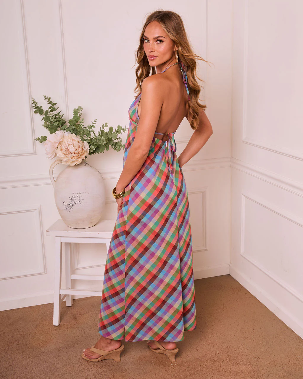 Serene Renewal Plaid Slip Halter Neck Maxi Dress - Image 4