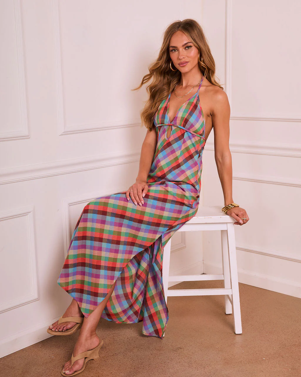 Serene Renewal Plaid Slip Halter Neck Maxi Dress - Image 5