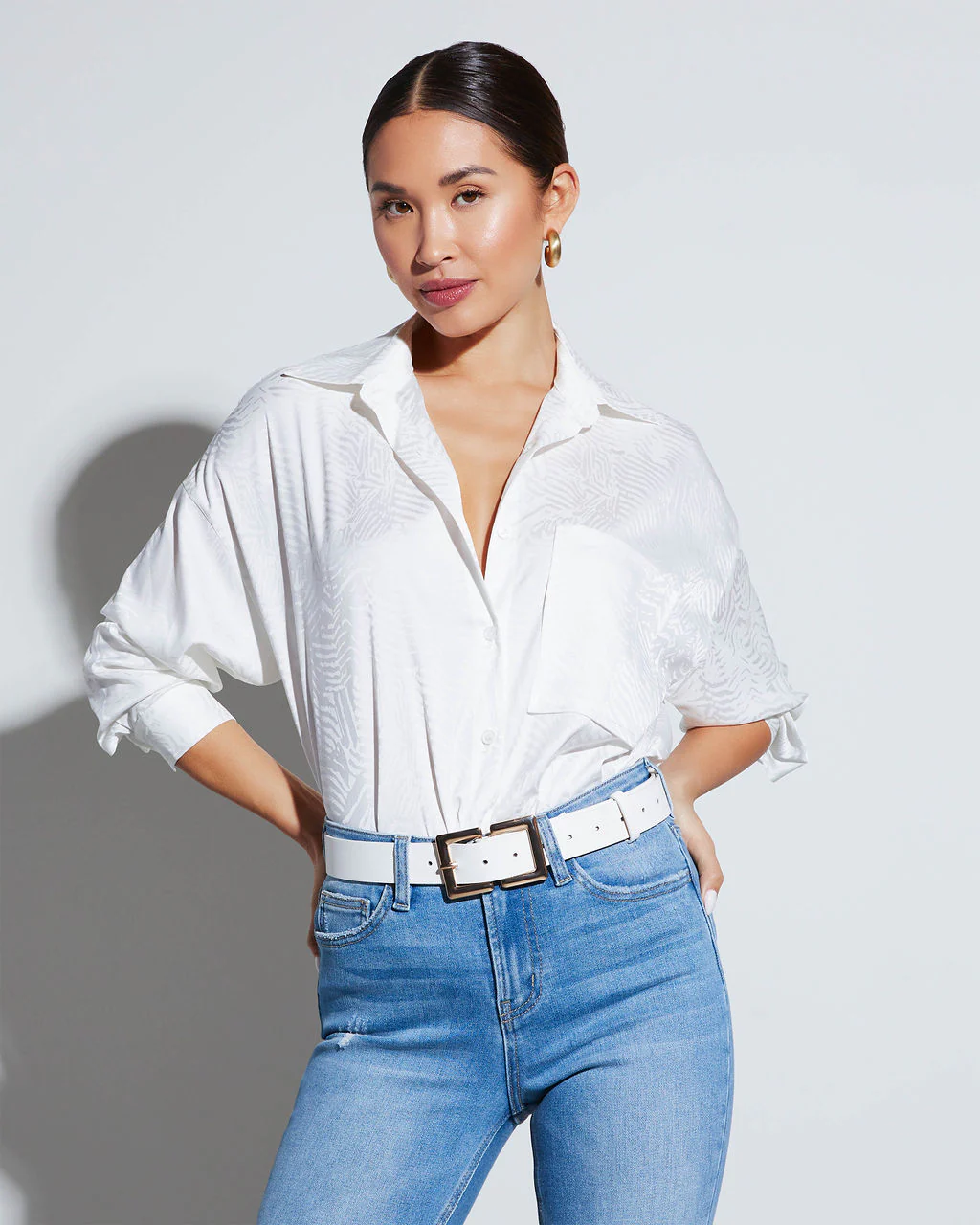 Sherlyn Satin Embossed Button Down Top - Image 11