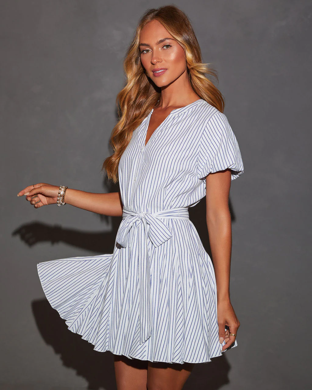 Sherri Puff Sleeve Buttoned Tie Waist Mini Dress - Image 3