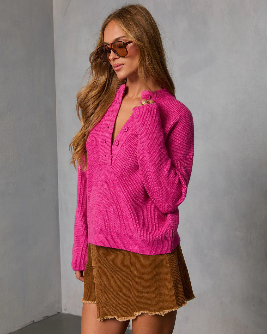 Smoky Amber Ribbed Partial Button Sweater - Image 3