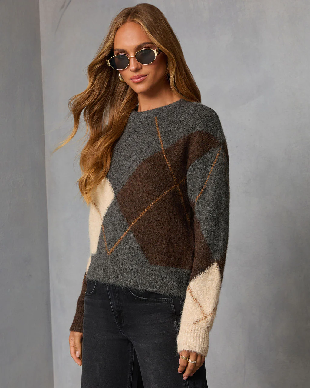 Smoky Cedar Contrast Argyle Print Crew Neck Sweater - Image 3