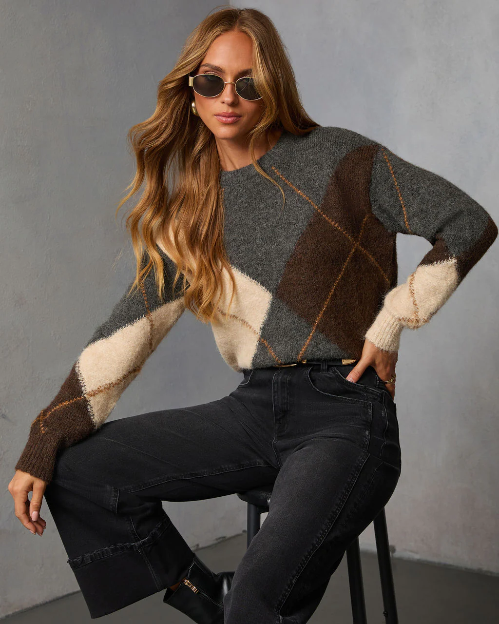Smoky Cedar Contrast Argyle Print Crew Neck Sweater - Image 6