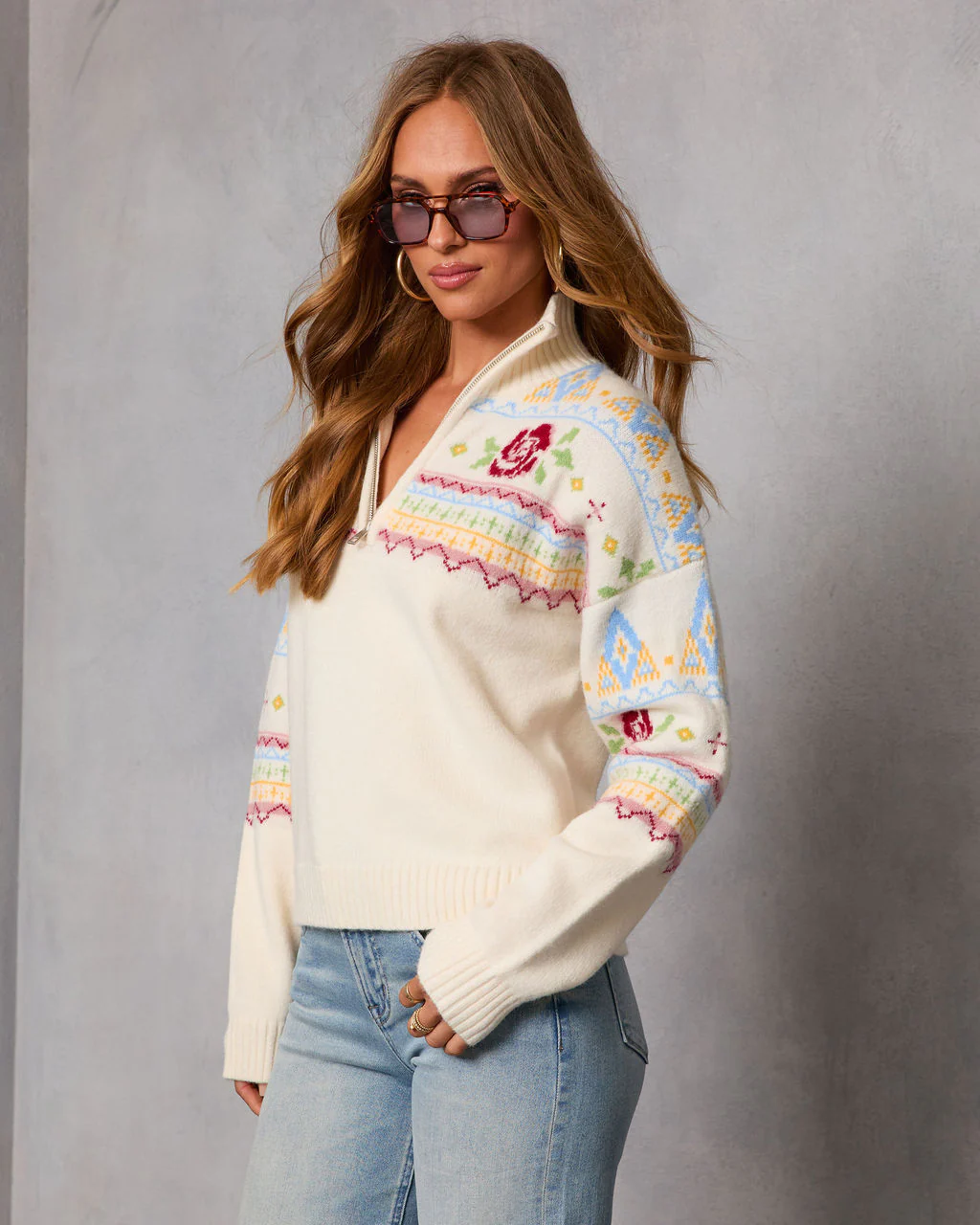 Snowy Delight Fair Isle Quarter Zip Sweater - Image 3