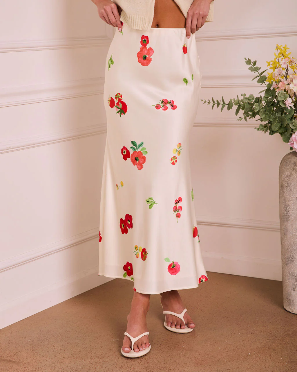 Soft Stem Fruit Floral Satin Maxi Skirt - Image 2