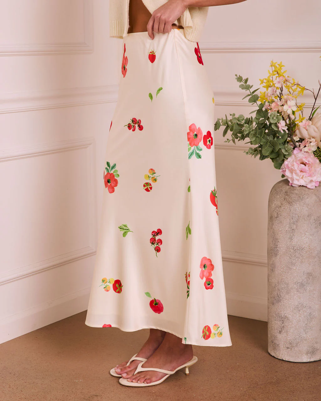 Soft Stem Fruit Floral Satin Maxi Skirt - Image 3
