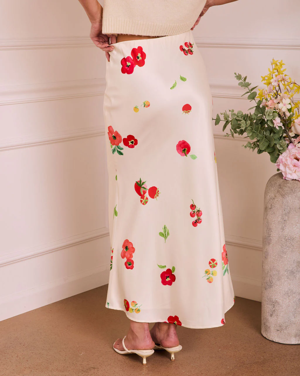 Soft Stem Fruit Floral Satin Maxi Skirt - Image 4