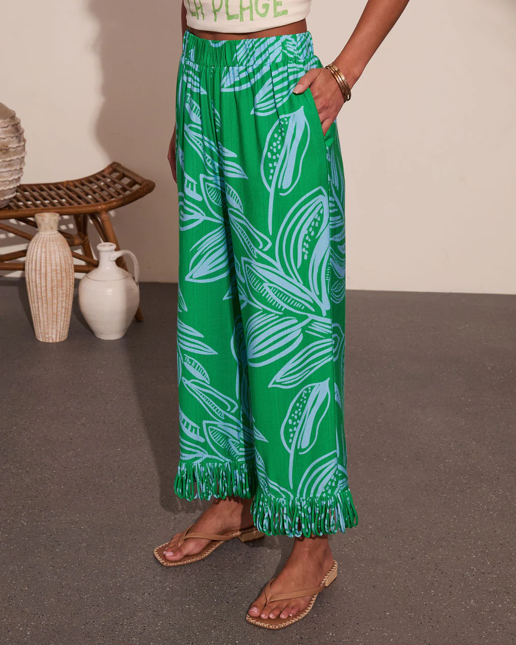 Soft Tide Tropical Print Fringe Pants - Image 3