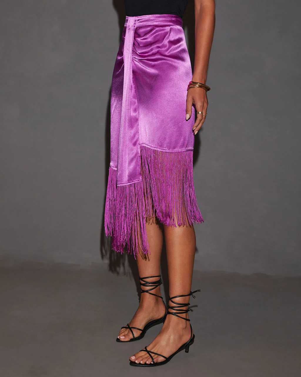 Soleni Satin Fringe Hem Midi Skirt - Image 3