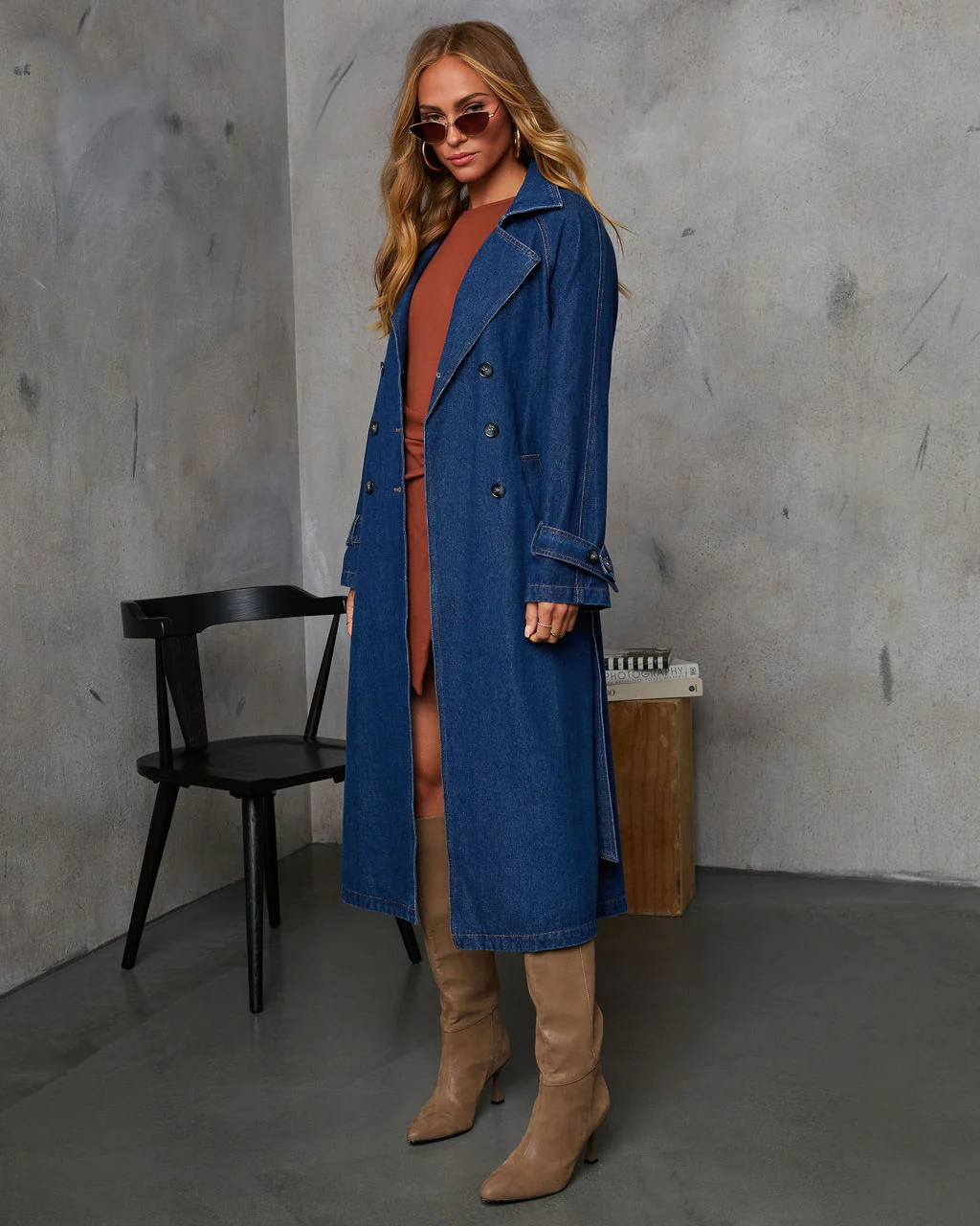 Spiced Pear Belted Denim Trench Coat - Image 3