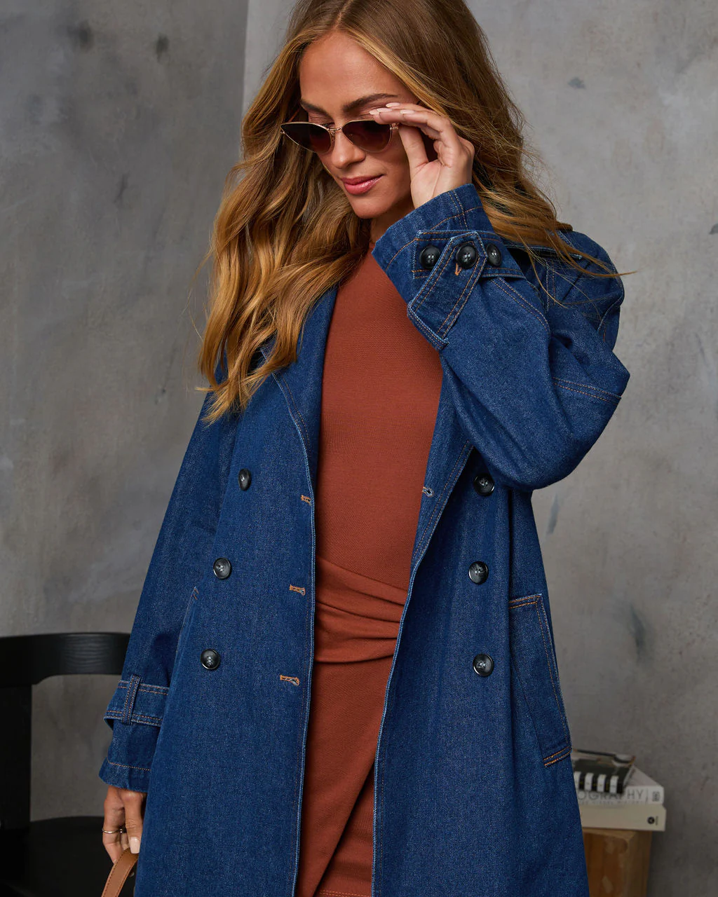 Spiced Pear Belted Denim Trench Coat - Image 5