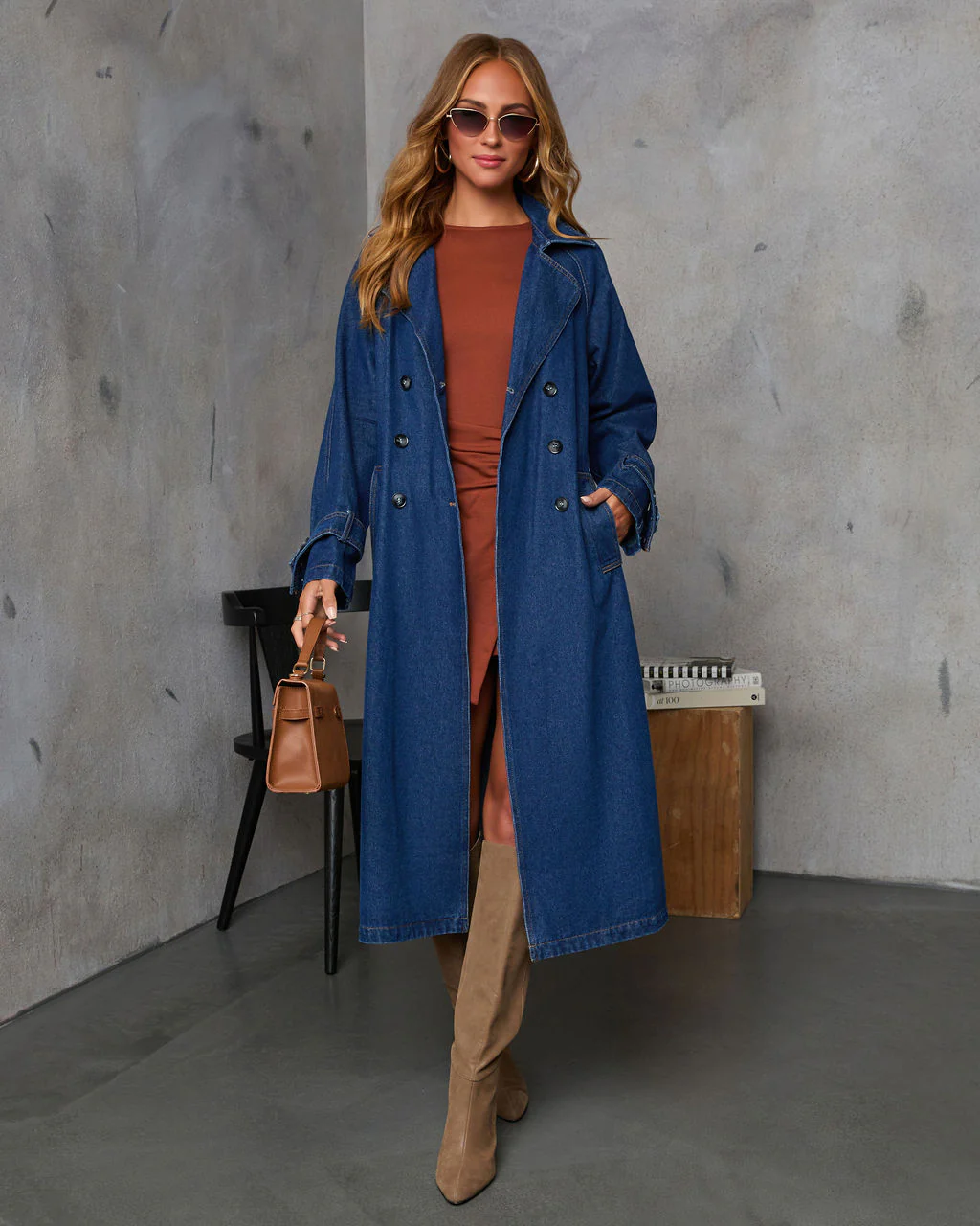 Spiced Pear Belted Denim Trench Coat - Image 6