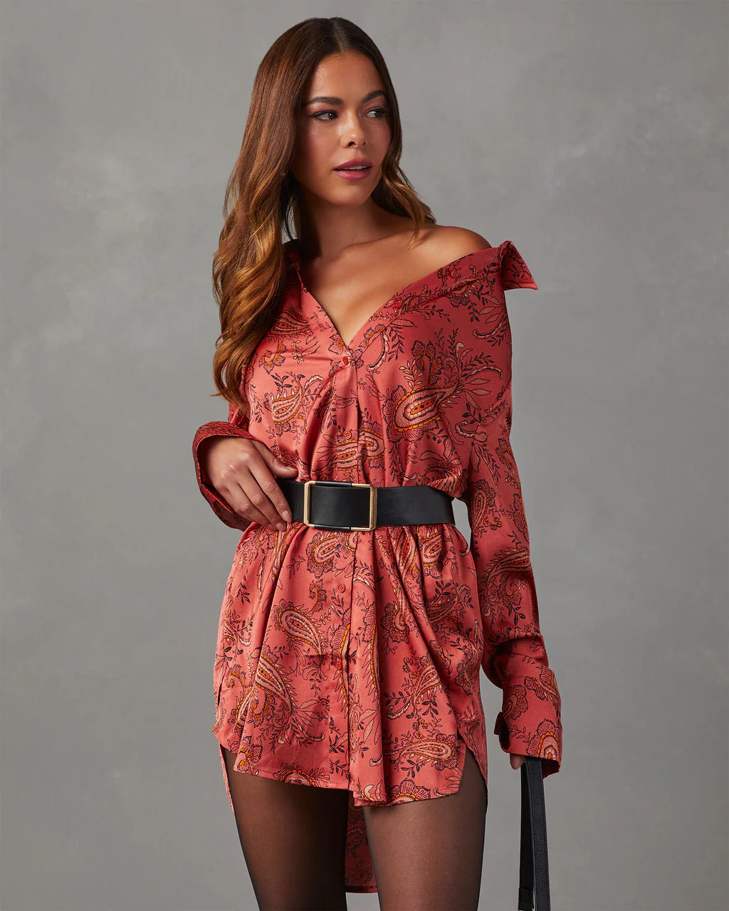 Style Era Satin Paisley Mini Shirt Dress - Image 2