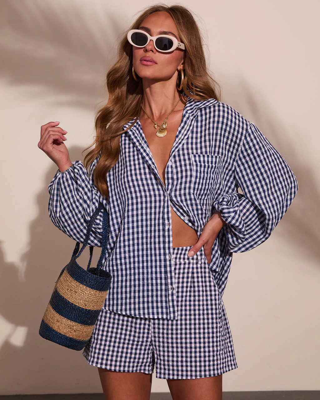 Sun Weathered Gingham Print Button Down Top - Image 3
