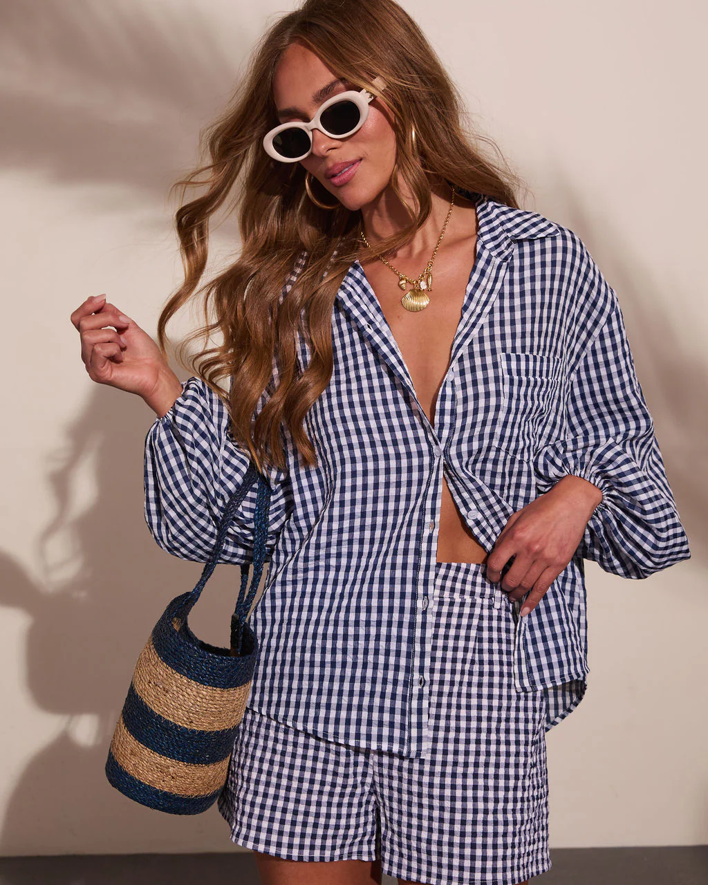 Sun Weathered Gingham Print Button Down Top - Image 5