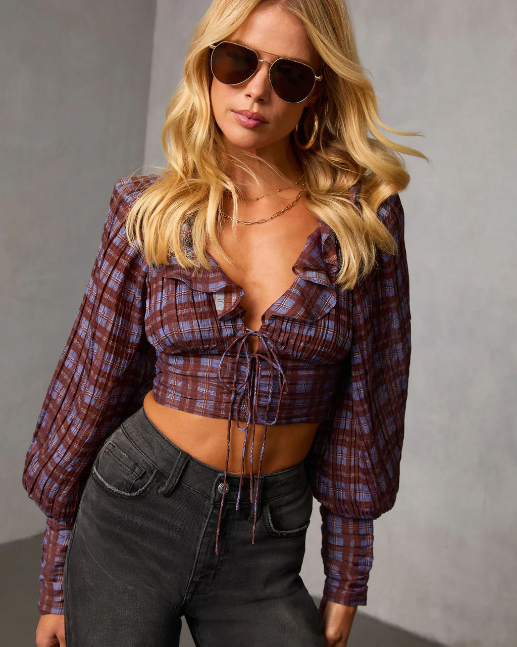 Sundown Boheme Plaid Lace Up Top - Image 6