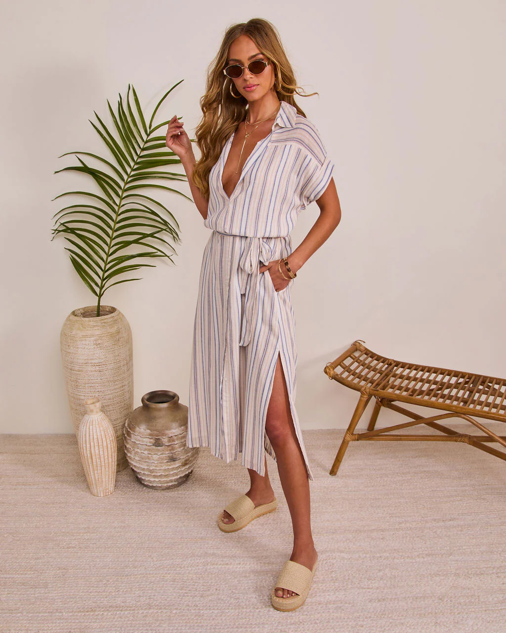 Sundrop Escape Striped Waist Tie Midi Shirt Dress - Image 3