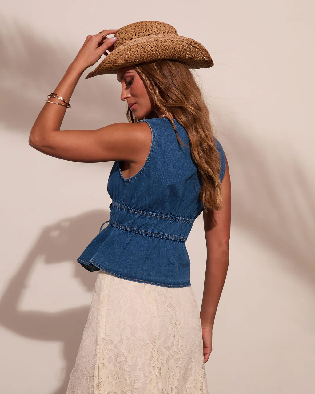Sundust Muse Denim Front Tie Peplum Top - Image 4