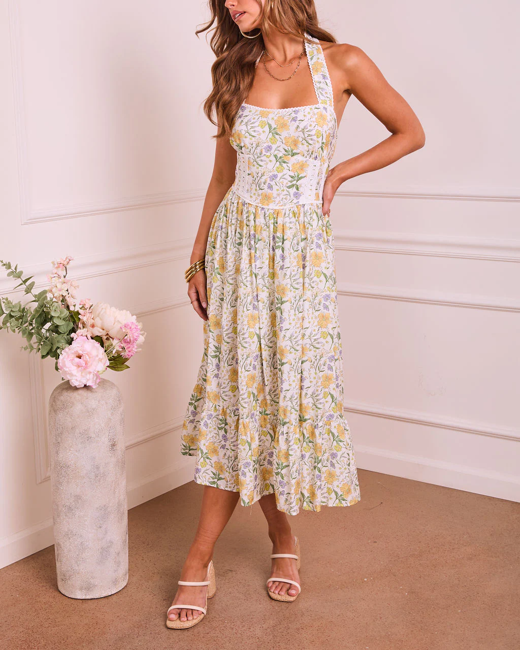 Sunlit Horizon Floral Halter Neck Midi Dress - Image 3
