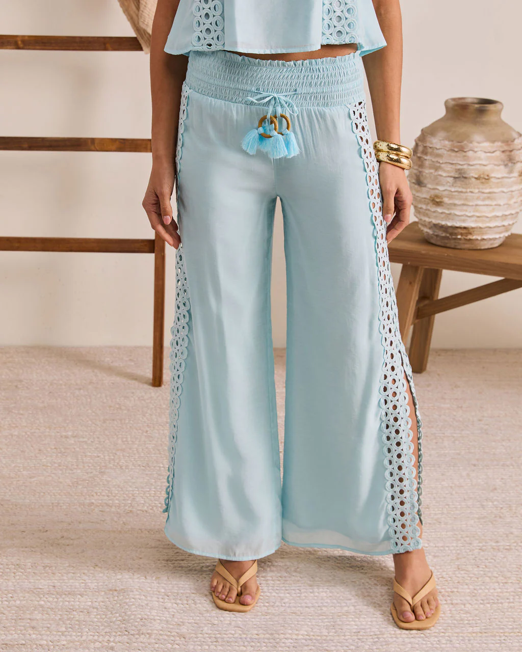 Sunlit Palm Drawstring Relaxed Eyelet Trim Pants - Image 2
