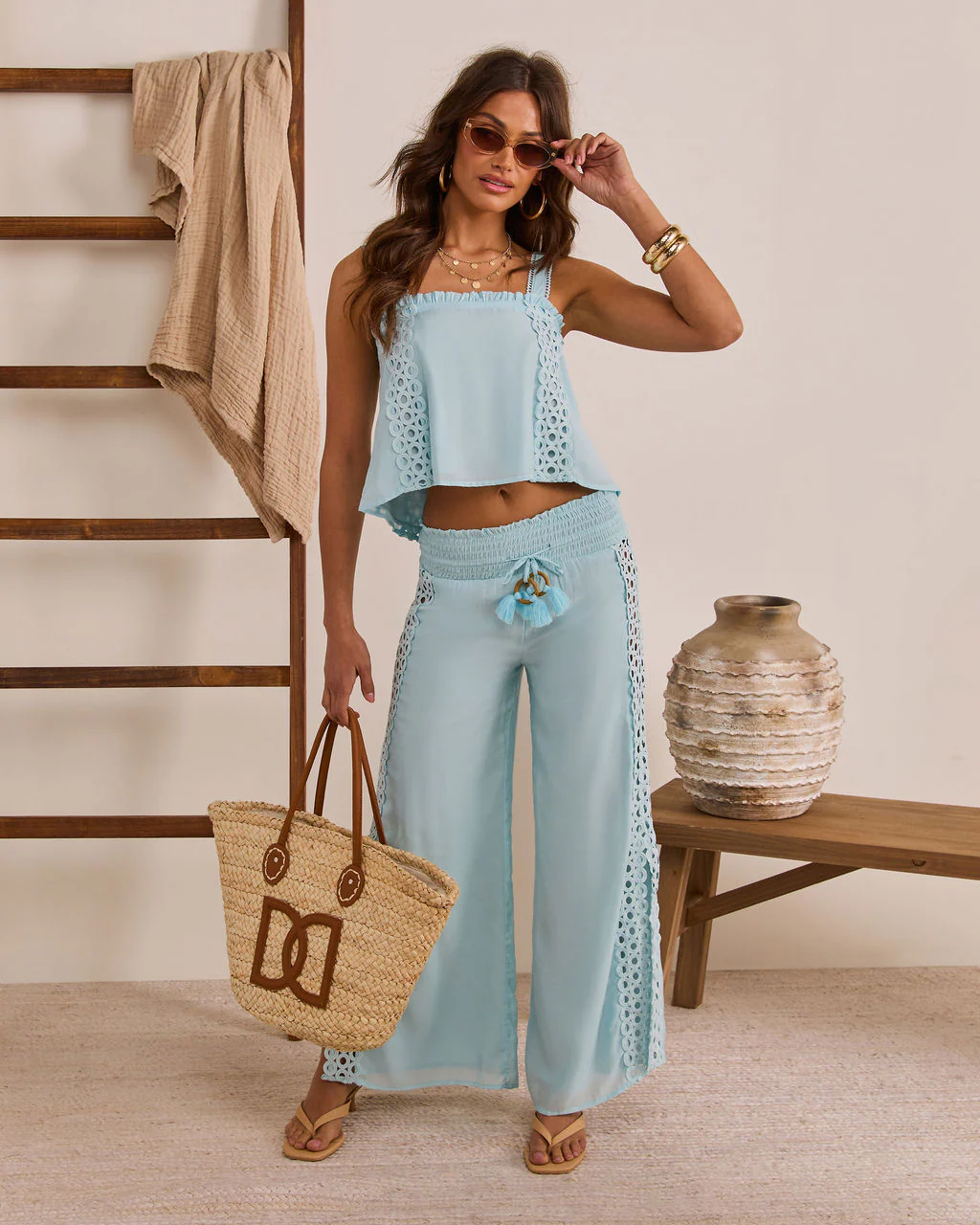 Sunlit Palm Drawstring Relaxed Eyelet Trim Pants - Image 5