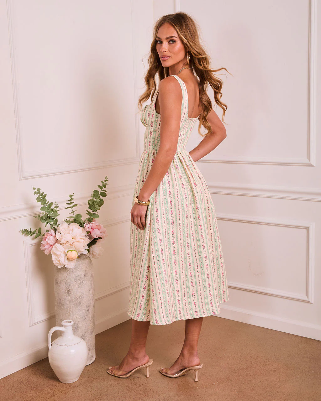 Sunlit Willow Floral Sweetheart Midi Dress - Image 4