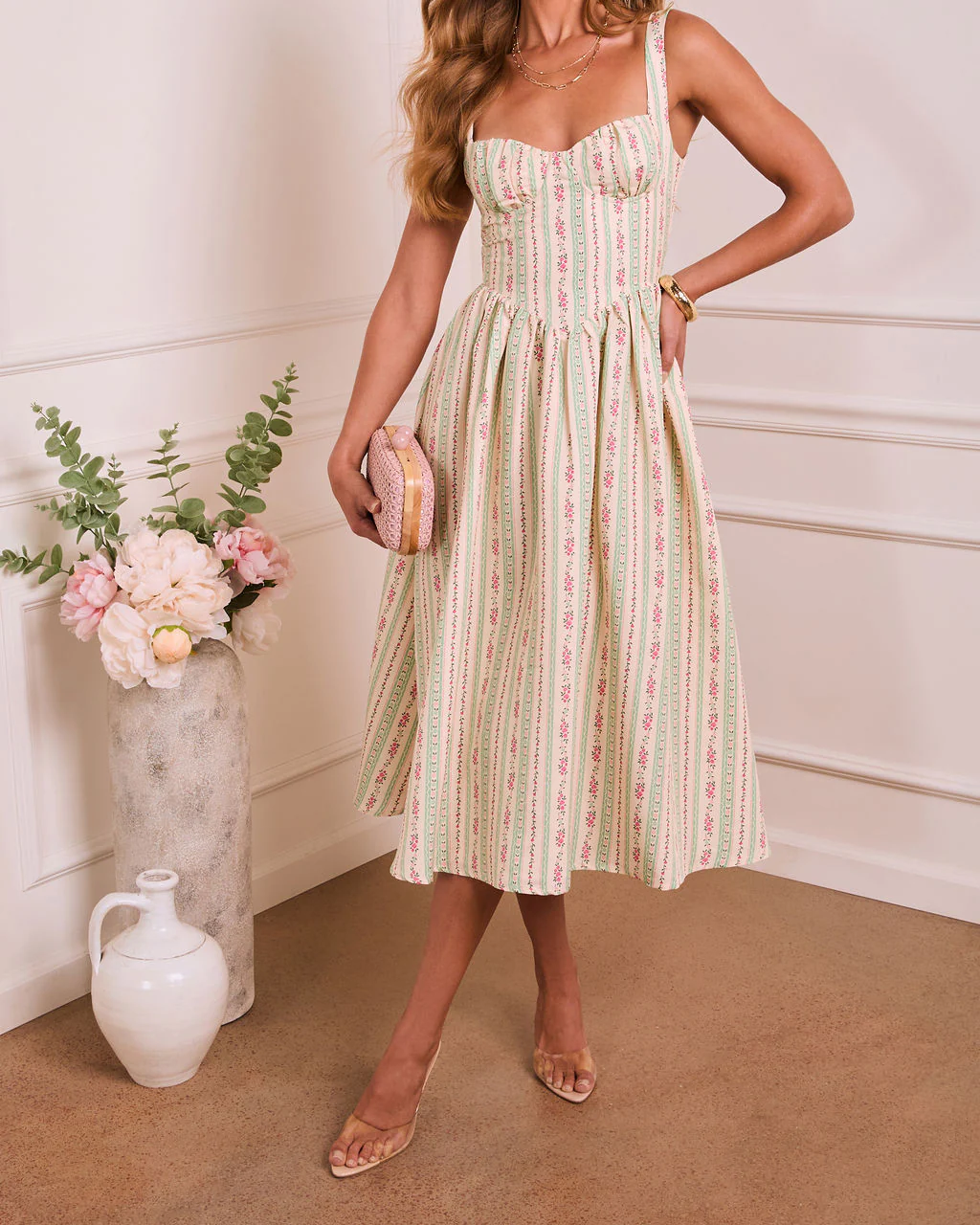 Sunlit Willow Floral Sweetheart Midi Dress - Image 5