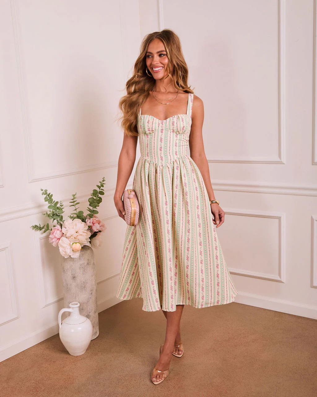 Sunlit Willow Floral Sweetheart Midi Dress - Image 6