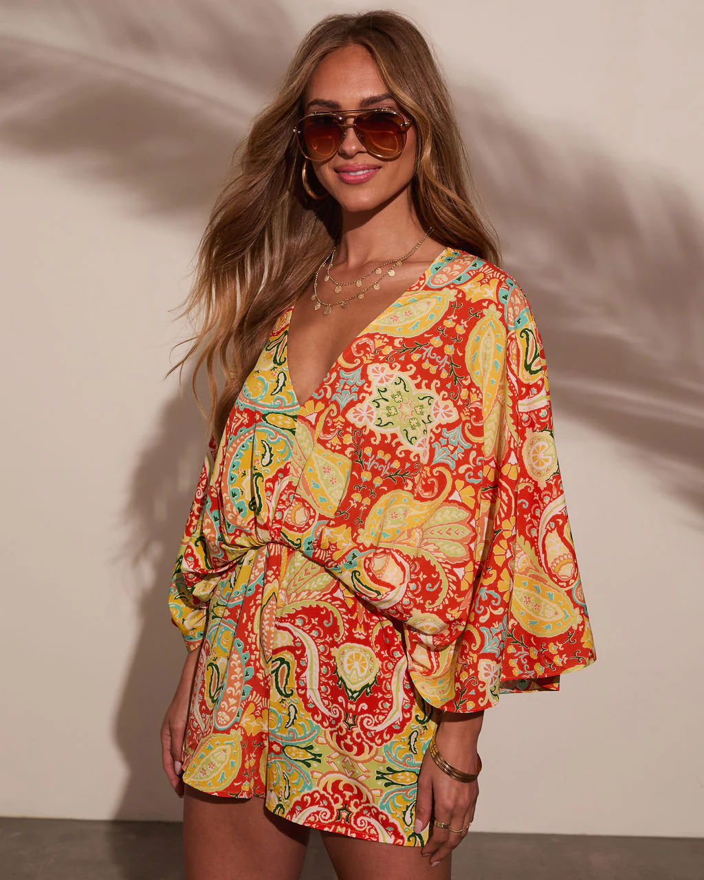 Sunset Gleam Abstract Kimono Sleeve Romper - Image 3