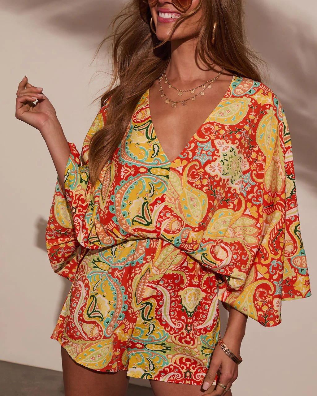 Sunset Gleam Abstract Kimono Sleeve Romper - Image 5