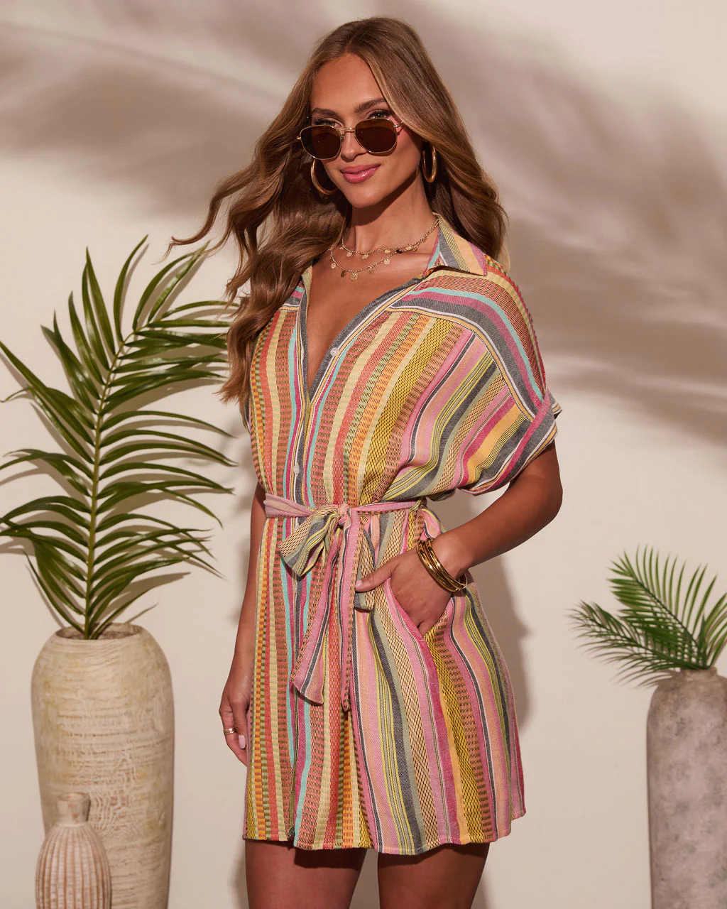 Sunshade Waist Tie Mini Shirt Dress - Image 3
