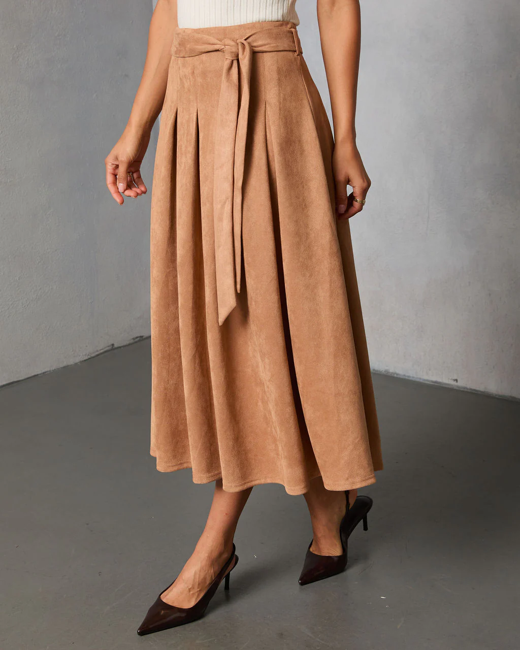 Table Ready Suede Waist Tie Pleated Midi Skirt - Image 3