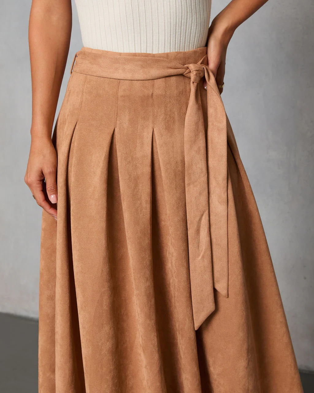 Table Ready Suede Waist Tie Pleated Midi Skirt - Image 6
