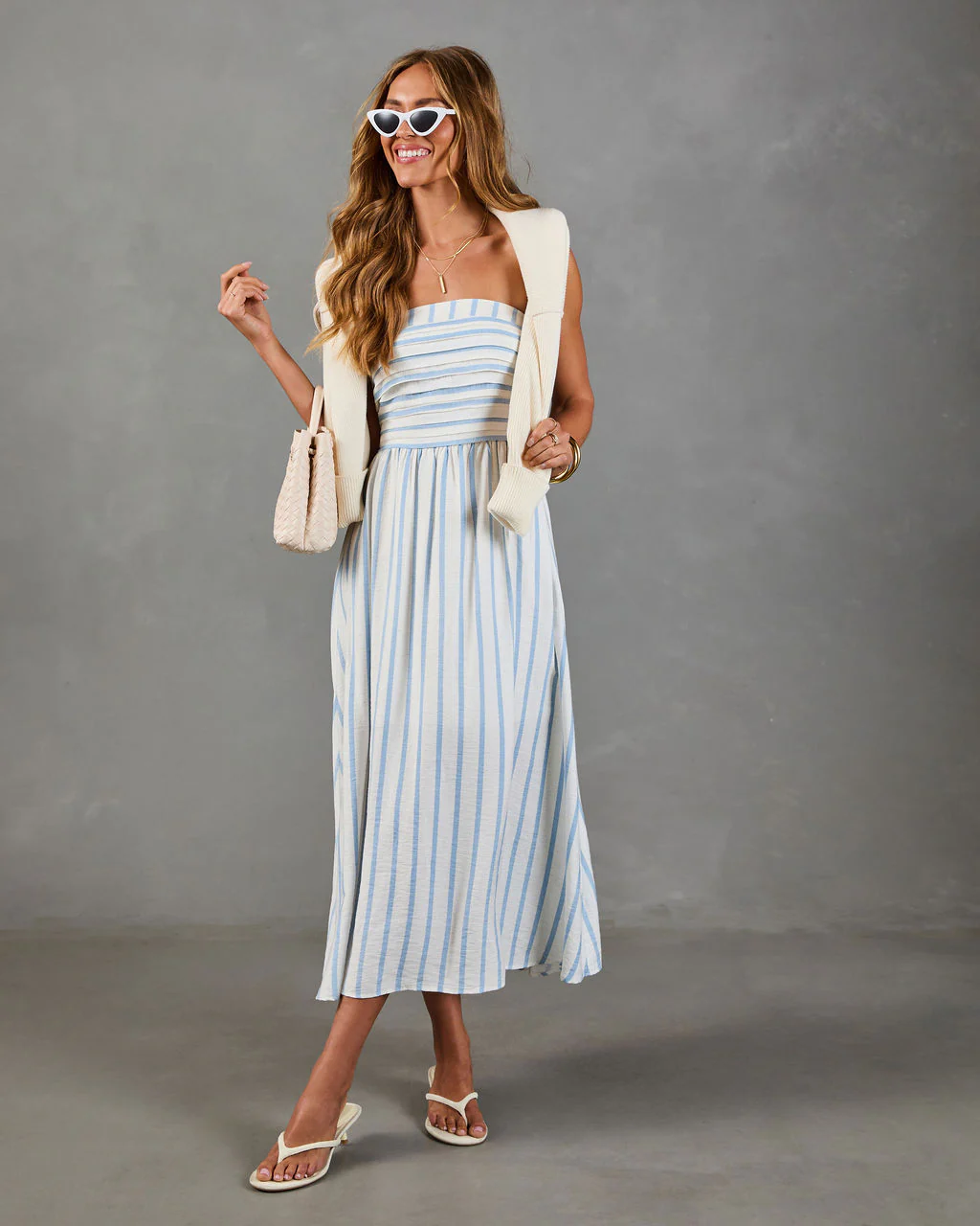 Telma Striped Strapless Fit and Flare Midi Dress - Image 5
