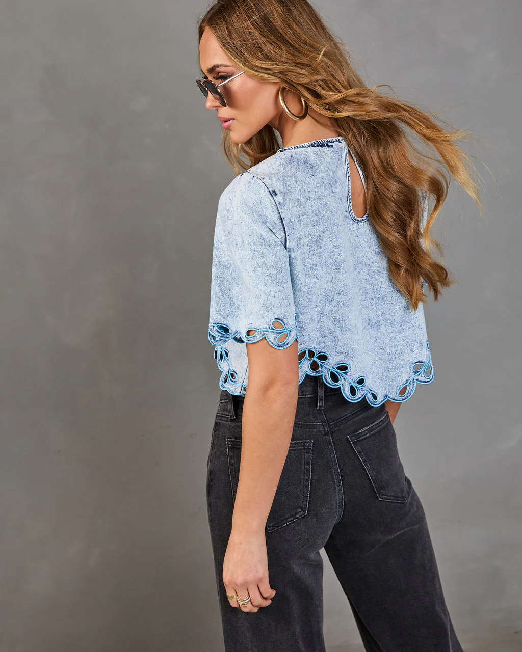 Trail Song Embroidered Eyelet Hem Denim Top - Image 4