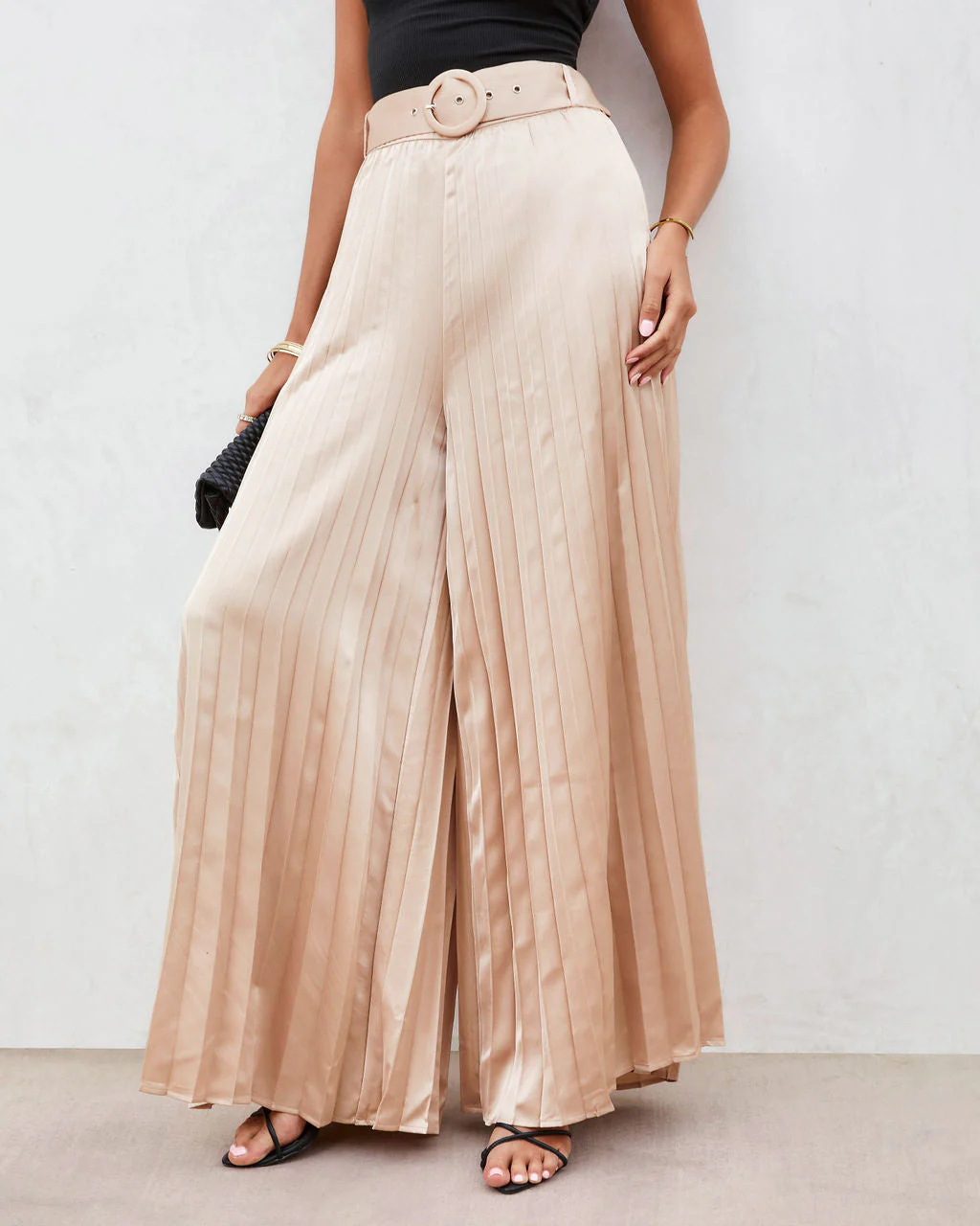 True Elegance Satin Pleated Belted Wide Leg Pants - Image 3