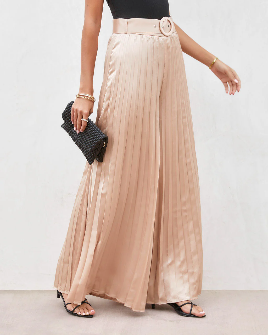 True Elegance Satin Pleated Belted Wide Leg Pants - Image 5