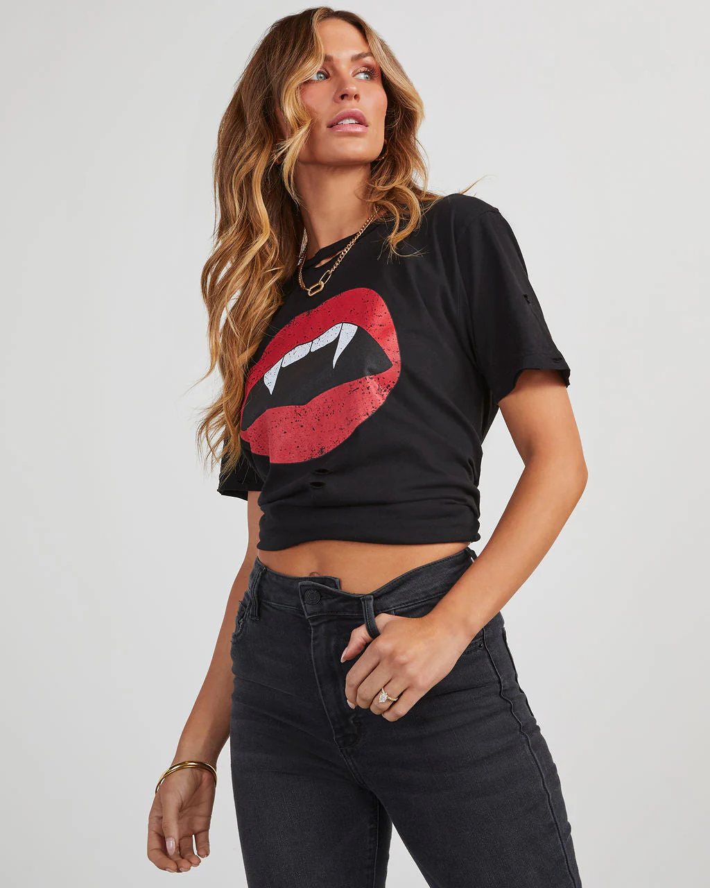 Vampire Lips Distressed Cotton Tee - Image 3
