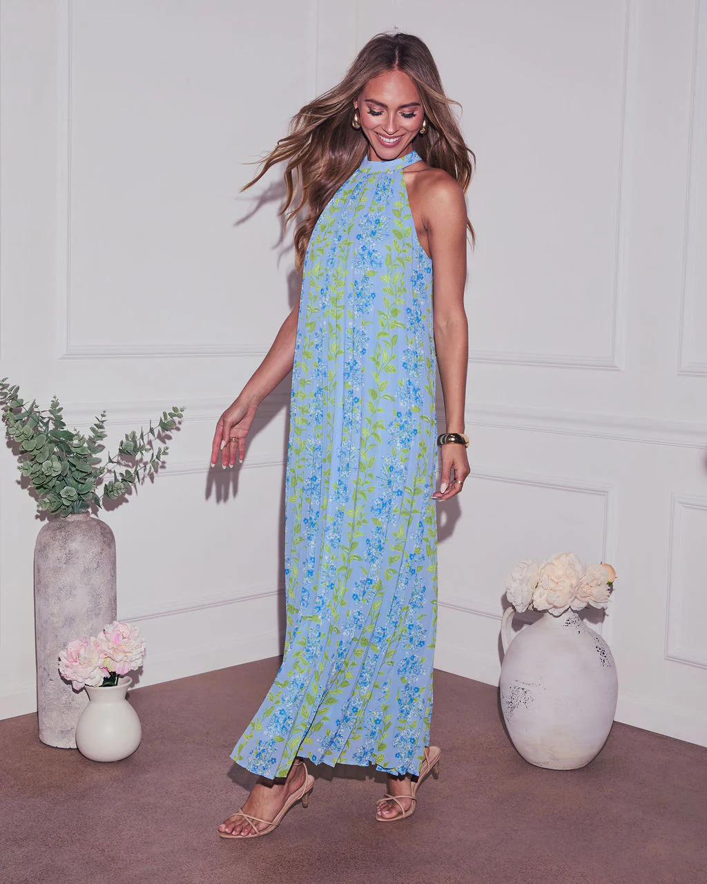 Vaughn Floral Pleated Halter Maxi Dress - Image 3