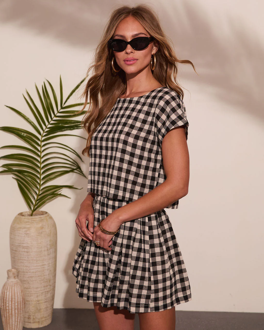 Velmiah Gingham Print Short Sleeve Top - Image 3